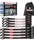 4 Pack Heavy Duty Ratchet Tie Down Straps 1 Inch X 12 Foot 1500 Lbs Breaking Point with rubber grips and padded hooks.
