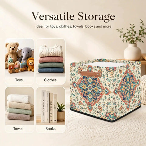 Straight Up 13 Inch Foldable Cube Storage Bin With Heavy Duty Handles For Closet Organization And Nursery Supplies Waterproof Flower Pattern Basket in versatile storage setting.
