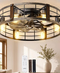 24 Inch Metal Caged Farmhouse Ceiling Fan With Warm White Lighting And Wireless Remote Low Profile Flush Mount Design in living room.