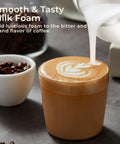 Latte art in a wooden cup with a milk frother pouring foam, showcasing the Six In One Electric Milk Frother With 17 Oz Capacity.