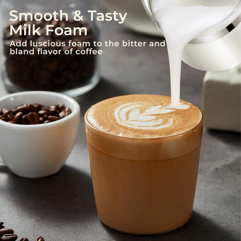 Latte art in a wooden cup with a milk frother pouring foam, showcasing the Six In One Electric Milk Frother With 17 Oz Capacity.