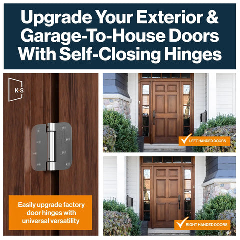 Exterior door fitted with Mortise Spring Hinge Kit With Automatic Self Closing, Heavy Duty Steel Door Hinges, Satin Nickel Finish.