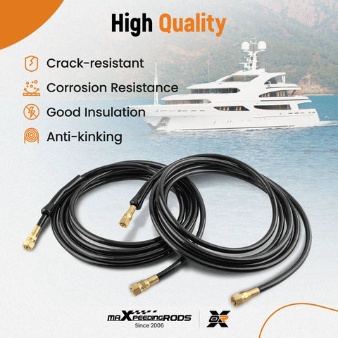 Two 16 Ft Outboard Hydraulic Steering Hose Kit HO5116 For SeaStar Teleflex Systems With Pre Attached Fittings in front of yacht