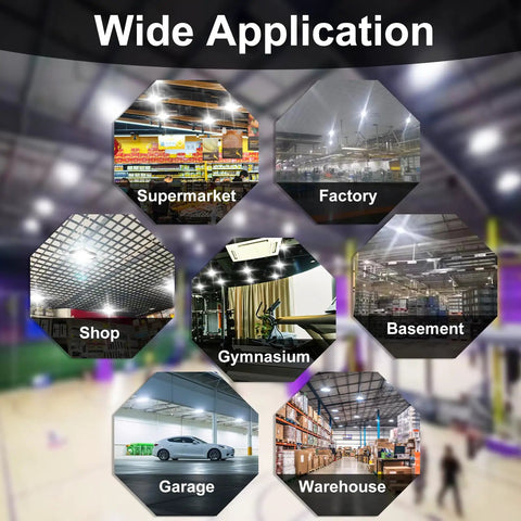 Illustration of varied applications including supermarket, factory, shop, gymnasium for 200W High Bay LED Light 22000LM 6500K Daylight