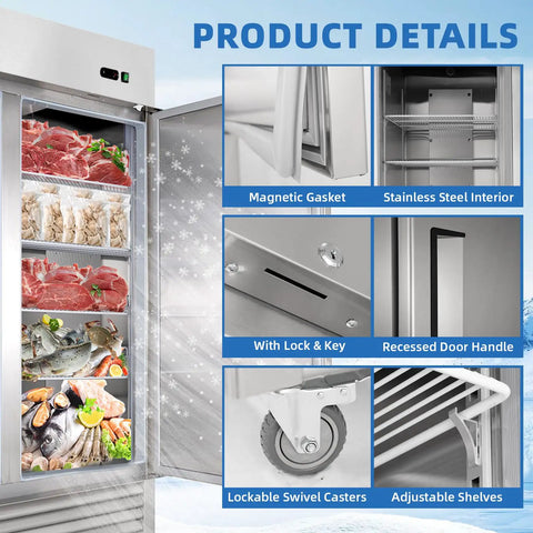 Heavy Duty Commercial Upright Freezer Rocking Slick Digital Temp Display Eight High Capacity Shelves with stainless steel interior and lock.