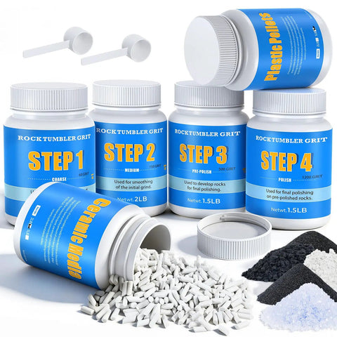 10Lb Rock Tumbler Grit And Polish Refill Kit With 4 Step Grits For Up To 70 Lbs Rocks Dual Tumbling Media Ceramic And Plastic Pellets