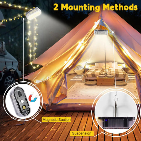 All In One Camping String Light Rope 21 Ft Waterproof LED 3000LM USB Rechargeable with Power Bank mounted on tent