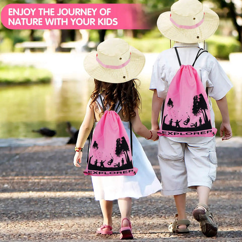 Children wearing safari hats and pink backpacks from Girls Outdoor Explorer Kit With Bug Catcher Gear For Backyard Adventures