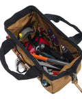 Open view of Beefy Duty Tool Bag With Large Zip Main Compartment, Six Exterior Pockets, Fifteen Interior Pockets And Loops, tools inside.