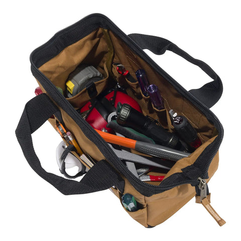 Open view of Beefy Duty Tool Bag With Large Zip Main Compartment, Six Exterior Pockets, Fifteen Interior Pockets And Loops, tools inside.