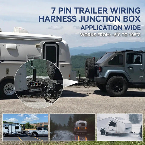 Heavy Duty 6 Foot 7 Pin Trailer Wiring Harness Kit Featuring Bulletproof 7 Gang Junction Box And Premium Pure Copper Conductors, close-up of junction box with color coded pins.