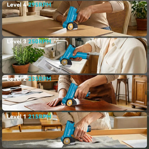 Bluebow Cordless Electric Scissors With Rechargeable Battery For Cutting Cardboard Box 1/4 Inch Thick Heavy Duty Power Tool Up To 295 Rpm Max Speed Long Runtime Box Openers Home And Office Use in use at various RPM levels.