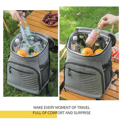 Kickass Heavy Duty Insulated Cooler Backpack With Leakproof Thermal Core And Adjustable Padded Straps For Camping Beach Hiking Keeps Snacks Ice Cold No Sweat filled with beverages and fruits on a picnic table.