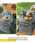 Leakproof Insulated Cooler Backpack With Thickened Oxford Cloth Adjustable Padded Straps Spill Proof Design Weekend Road Trip Essential filled with drinks and fruits.