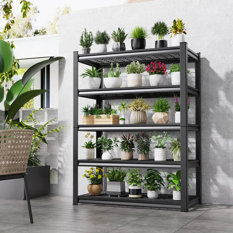 Beefy 5-Tier Wire Garage Shelving Unit With Adjustable Shelves, 2500 Lbs Capacity, Industrial Steel Storage Rack For Shop, Warehouse, Basement, Pantry And Garage Organization, black wire shelf with potted plants