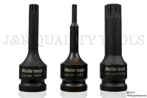 Three pieces from the Eight Piece Half Inch Drive XZN Triple Square Spline Impact Socket Set Cr-Mo Steel Metric M5 To M16