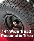 Close-up of 14" wide tread pneumatic tire on Pro Grade 100 Lb Spreader with Stainless Steel Frame and Red Weather Resistant Hopper.