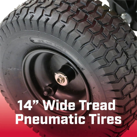 Close-up of 14" wide tread pneumatic tire on Pro Grade 100 Lb Spreader with Stainless Steel Frame and Red Weather Resistant Hopper.