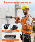 3-inch diamond core drill bit for concrete/masonry; 9-1/2 in depth, 5/8-11 internal thread; includes adapters.