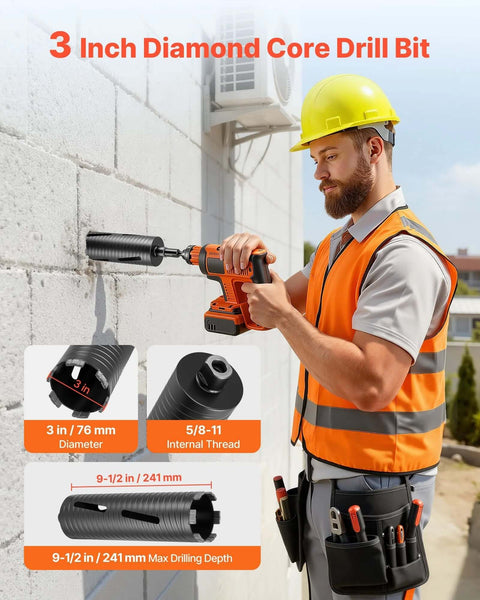 3-inch diamond core drill bit for concrete/masonry; 9-1/2 in depth, 5/8-11 internal thread; includes adapters.