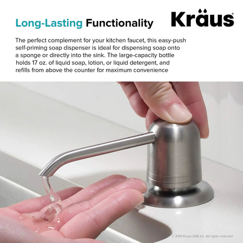 Spot Free Stainless Steel Soap And Lotion Dispenser With Self Priming Pump dispensing liquid into hand in bathroom.