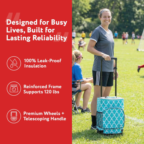 Person outdoors with Ultra Compact Insulated Cooler Cart With Moroccan Tile Soft Sided Tote, showing telescoping handle.