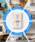 No Cap Wall Mount Power Strip With 6 Widely Spaced Outlets And 4 Rapid Charge USB Ports, shown in various rooms such as kitchen and living room.