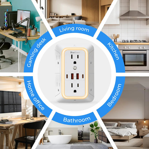 No Cap Wall Mount Power Strip With 6 Widely Spaced Outlets And 4 Rapid Charge USB Ports, shown in various rooms such as kitchen and living room.