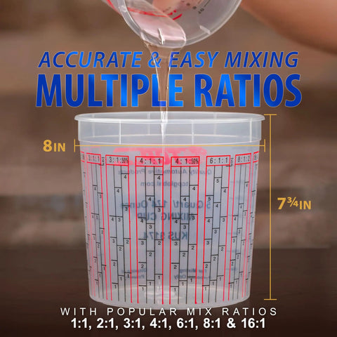 5 Quart Plastic Mixing Cups Set with graduated ratios for accurate mixing of epoxy and paint, 12 Pack for DIY projects.