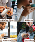 12oz Stainless Steel Milk Frother Pitcher For Lattes And Cappuccinos, Barista Grade Steaming Cup With Latte Art Pen in use at coffee shop, home, office, and while traveling