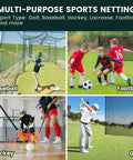 Collage showing multi-sport netting in use: baseball, football, hockey, golf with All Purpose Sports Netting Set With 33 Feet Nylon Rope.