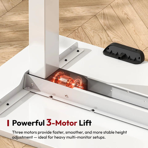Rock Solid White L Shaped Electric Standing Desk Equipped With Triple Motor Height Adjustment For A Fully Ergonomic Home Office Setup showing 3-motor lift mechanism.