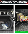 Image showing car trunk before and after using Two Pack 14 By 10 Inch Double Layer Mesh Cargo Net Stretchable Car Organizer Netting.