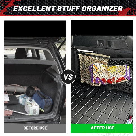 Image showing car trunk before and after using Two Pack 14 By 10 Inch Double Layer Mesh Cargo Net Stretchable Car Organizer Netting.