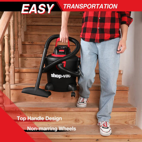 Person carrying a 5 Gallon Wet Dry Vacuum With 2.0 Peak HP Power, Portable Shop Vacuum for Home Garage Workshop and Car down stairs