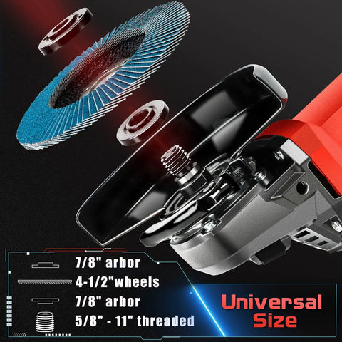 Angle grinder with 7.5 amp motor, 4-1/2 inch wheels, showing spindle, 7/8 arbor, safety guard. Beast Of A 4-1/2 Inch Angle Grinder With 7.5 Amp Motor 6 Variable Speeds 12000 RPM Includes Safety Guards Cutting Wheels Flap Discs And A Non Slip Handle For Metal And Wood Projects.
