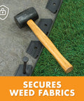 10 Inch Steel Landscape Anchoring Spikes 45 Pack For Edging And Pavers The Go To Heavy Duty Ground Stakes next to a hammer