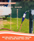 Heavy Duty Inline Water Filter removes chlorine and strange flavors, shown with installation beside a water source.
