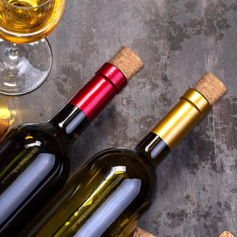 Wine bottles sealed with assorted tapered cork stoppers from the Assorted Tapered Cork Stoppers Set, 25 Pieces, Five Sizes