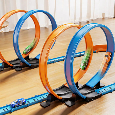 Epic Car Race Track Set for Kids Ages 3 To 12 With 45 Track Pieces And 4 Small Cars Dual Loop Tracks For Competitive Racing Perfect Gift For Boys And Girls showing blue and orange loops with small cars on a wooden floor