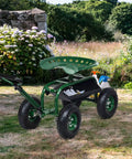 Rolling Garden Cart With Seat And Wheels Outdoor Garden Stool With Tool Tray And Basket 360 Degree Swivel Seat on lawn