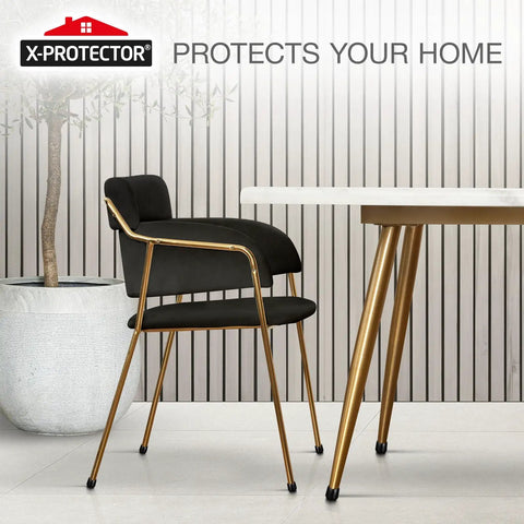 Heavy Duty Rubber Chair Leg Caps protect hardwood floors under a stylish black chair with gold legs in a modern setting.