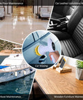 Collage showing Cordless Car Buffer Polisher Kit With 6 Variable Speeds 2500-6000 RPM used on car, floor, boat, and furniture