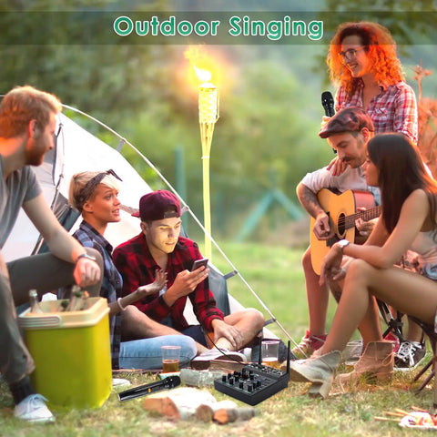 Group enjoying music outdoors with 5 Channel Audio Mixer With Dual Wireless Microphones For Live Streaming And Family Karaoke.