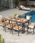 Acacia Wood Outdoor Dining Table For Eight With Umbrella Hole Metal Legs And Adjustable Foot Pads 79 Inch Rectangular Patio Table by pool