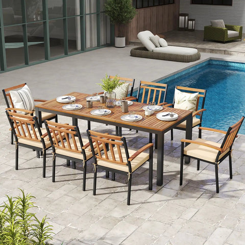 Acacia Wood Outdoor Dining Table For Eight With Umbrella Hole Metal Legs And Adjustable Foot Pads 79 Inch Rectangular Patio Table by pool