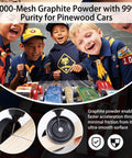 Group of kids showcasing pinewood derby cars with Ultra Fine Graphite Powder for Pinewood Derby Cars Half Ounce with Precision Needle Tip Applicator 3000 Mesh 99 Percent Purity Dry Lubricant Cuts Friction Between Axles And Wheels For Speed Boost And Faster Races.