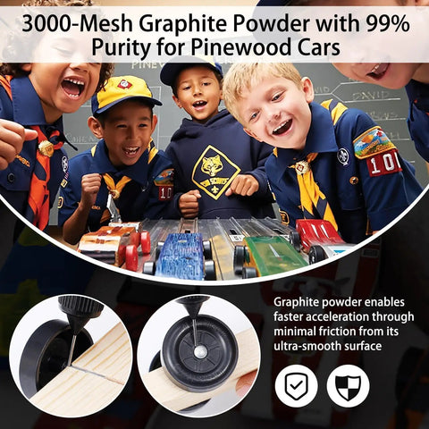 Group of kids showcasing pinewood derby cars with Ultra Fine Graphite Powder for Pinewood Derby Cars Half Ounce with Precision Needle Tip Applicator 3000 Mesh 99 Percent Purity Dry Lubricant Cuts Friction Between Axles And Wheels For Speed Boost And Faster Races.