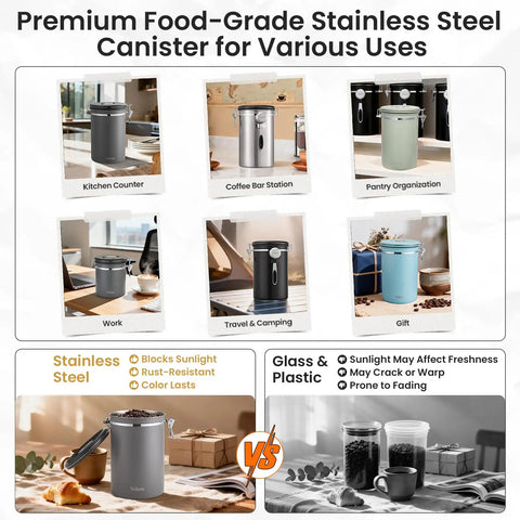 Airtight Stainless Steel Coffee Canister 39oz Large Storage Container for Coffee Beans Ground Sugar Espresso Rice Tea Flour Pods Kitchen Bar Organizer Gray Gift for Coffee Lovers on various kitchen settings.