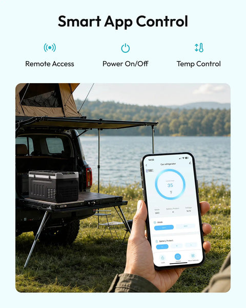 User controlling 22Qt Portable Car Fridge And Freezer With Dual 12V Dc And 110V Ac Plugs via smartphone app outdoors.